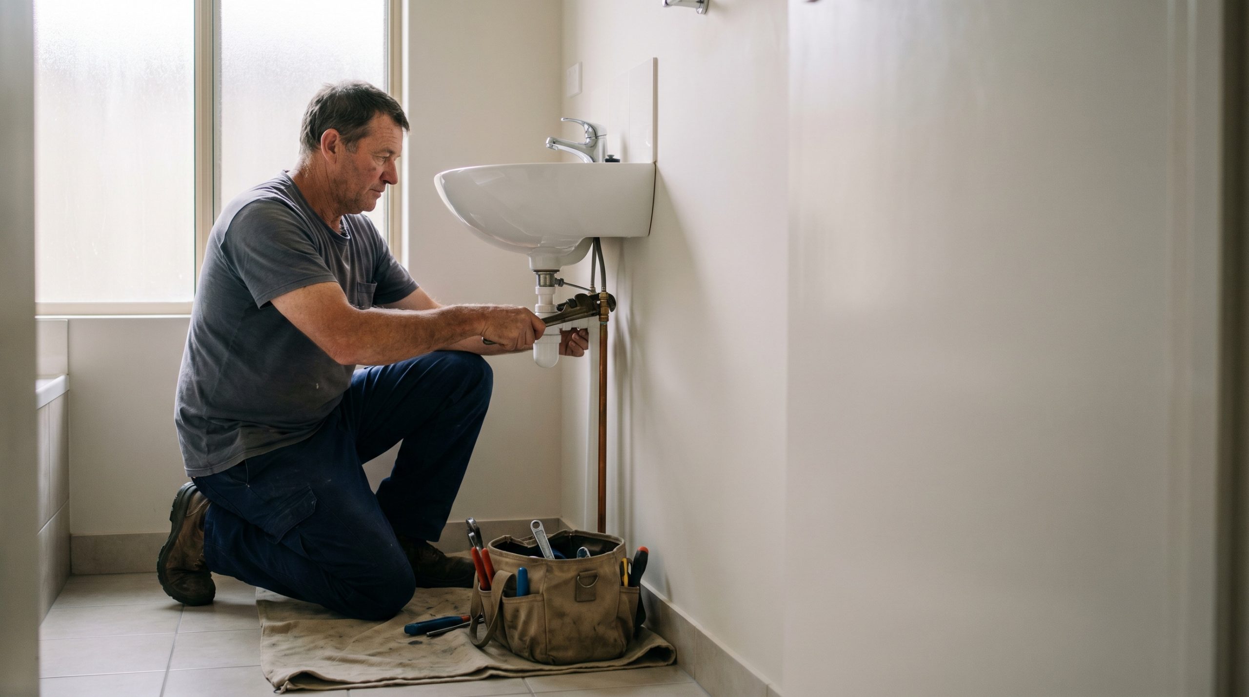 Plumber kneeling to repair pipes under a bathroom sink